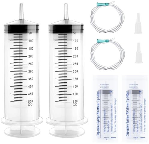 2 Stück 500 ml Spritze mit Schlauch,Große Spritze Wiederverwendbar,Plastikspritze mit Kappe,Großer Kapazität Spritzen,Einzeln Versiegelte Spritzen für Labor,Industrie,Haustierfütterung