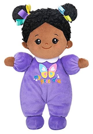 OUOZZZ Baby Puppe, Weiche Stoffpuppe mit Kleidung, Afrikanische Mini Puppe Lila Kuschelpuppe für Kinder ab 3 Monaten - Baby Geschenk zur Geburt Mädchen Jungen, 25cm