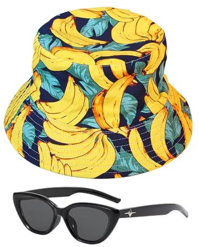 CWPFVQA 1 Stück Bananenhut Und 1 Stück Sonnenbrille Mit Visier, Lässiger Und Vielseitiger Fischerhut, Faltbarer Sonnenhut, Lustig Bedruckter Fischerhut, Passende Accessoires
