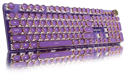 EWEADN V20 Typewriter Keyboard Wireless, 104 Keys Typewriter Style Mechanical with White Backlit, Media Knob, Pink Switch 2.4G/Bluetooth/USB-C Wired Retro Full Size Keyboard for Windows/Mac/PC-Purple
