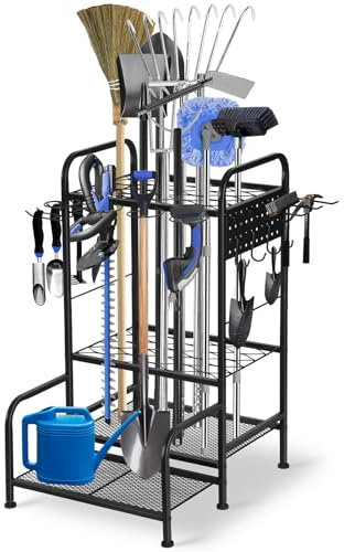 HYCFYJR Heavy Duty Metal Garden Tool Organizer, Black, 17.7D x 22.4W x 32.2H, Modern, Tiered Shelf, Floor Mount, Outdoor, Gardening, Tools