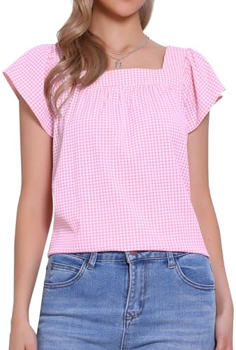 Allegra K Gingham Tops for Women's Cap Sleeves Square Neck Plaid Blouses | Summer Cute Shirt, Checkered Top, Short Sleeve, Ruffle Trim Sleeve, H Rrelax Fit, Gingham Plaid Shirt
