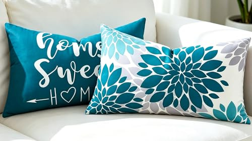 DakTou Kissenbezug 30 x 50 Türkis und Grau Dahlie Blume Design, 2-Stück Deko Wohnzimmer Sofakissen Bezüge Modern, Kissenhülle Weichem Kurzflor Kissenhüllen Bauernhaus für Bett Couchkissen Dekokissen