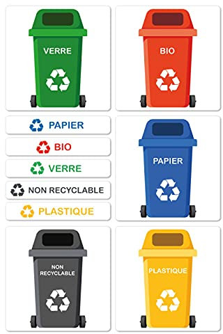 Signalétique.biz France - Etiquettes Autocollantes pour Poubelles de Tri Sélectif - Sticker Recyclage - Autocollant Poubelles - Gestion des Déchets- Format : 5 x 5 cm