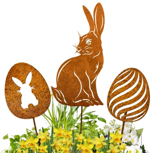 Terma Stahldesign Edelrost Osterdeko Set 3ST Osterhase mit Zwei Eier Handmade Germany, tolle gartendeko aus Rost-Metall, deko rostoptik, Rostfiguren Tiere, rostfiguren Garten, Rostdeko