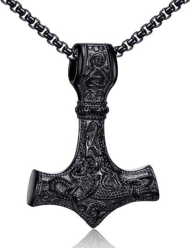 AFSTALR Wikinger Schmuck Herren Halskette Thors Hammer Halskette - Nordische Mythologie Mjolnir Wikinger Runen Hammer Edelstahl kette Viking Geschenke für Männer 60cm Schwarze