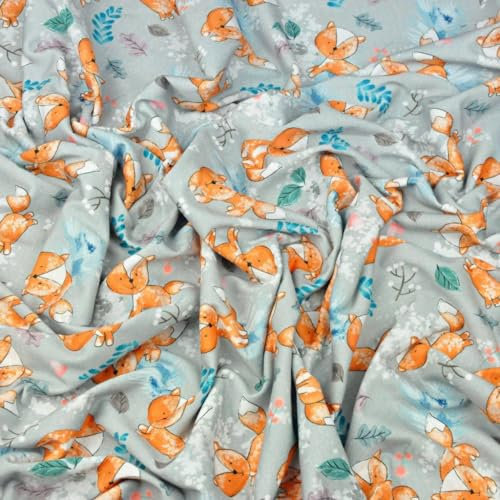 Textrend Jersey Stoff Meterware Kinder - 100% Baumwolle - Stoff zum Nähen - Textilien 1x1.6m - Entwürfe für Kinder (Füchse auf grauem Hintergrund)