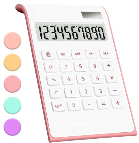 Rosafarbener Taschenrechner, rosafarbener Bürobedarf und Zubehör, 10-stelliger Solar-Akku-Basis-Bürorechner, Tischrechner mit Dual-Power-Funktion und großem LCD-Display, Schulbedarf