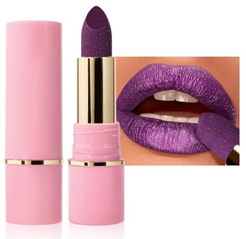 Lippenstift Metallic Glanz Finish, Lila Lipstick mit Diamantenglanz, Wasserfest & Langlebig Lippenstifte, Feuchtigkeitsspendende & Hochpigmentierter Lippen Makeup, Kein Körniges Gefühl, Cremige Textur