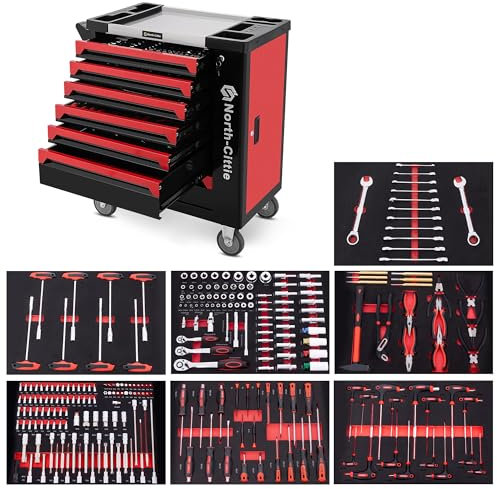 North-Cittie 7-Box XXL Edition Werkzeugwagen mit 256 Stück Professionellem Werkzeug, Ideal Für Die Werkstatt, Zu Hause. Der Wagen, Der Ihnen Eine Aufgeräumtere Heimwerkerwelt Beschert