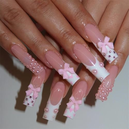 French False Nails - 3D Bow Pearl Press On Nails - Extra Long Square Fake Nails With White French Tips Design - Glossy Full Cover Stick On nails For Women Girls Nail Art Design