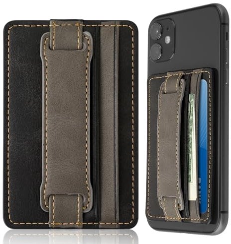 HJZHII Card Holder Pouch for Cell Phone, Self Adhesive Phone Wallet Kickstand with Stretch Band Leather Multi-Card Cellphone Case Back Sleeve Grip for Credit ID Card Cash, Black