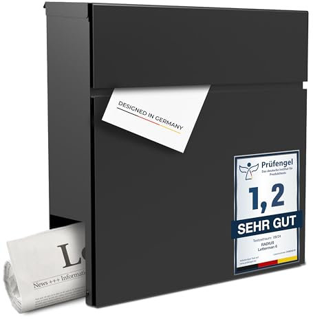 Radius Designer Briefkasten Anthrazit – Letterman 6 – Edelstahl V2A Wandbriefkasten mit Zeitungsfach - 10 Jahre Funktions- & Korrosionsgarantie - inkl. Montageset