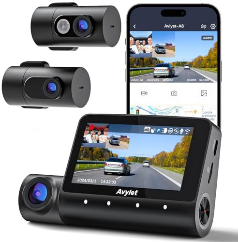 Avylet 5K/4K+1080P+1080P 3 Kanal Dashcam Auto, Vorne Hinten Innen, mit GPS, WiFi, IR Nachtsicht, 3 Parkmodus, Müdigkeitswarner, 3 IPS Bildschirm,unterstützt max. 512 GB, ideal für Langstrecken