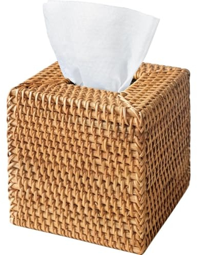 Blmirror Rattan Tissue Box Cover, Hand Woven Square Wicker Holder for Tissues, for Bathroom Living Room, Tissue Holders