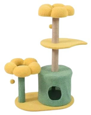 Torre Rascador para Gatos con Diseño de Flor, Casa y Plataformas, Verde y Amarillo, 55 * 36 * 89CM