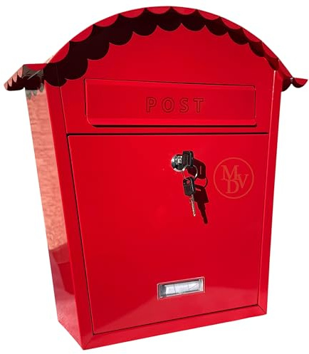 MODOVO Red Wall Mounted Post Box 38.3×31.6×11 cm Edition Weatherproof Galvanised Steel Mailbox with Lock & 2 Keys Secure Outdoor Letter Box for Home, Garden Gate & Office