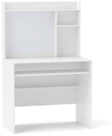 FANTASK Computertisch kompakt, Schreibtisch mit magnetischer Pinnwand und Aufsatz Ablage, Bürotisch mit Tastaturablage verstellbarem Fach für Home Office, 89 x 50 x 138 cm, Weiß