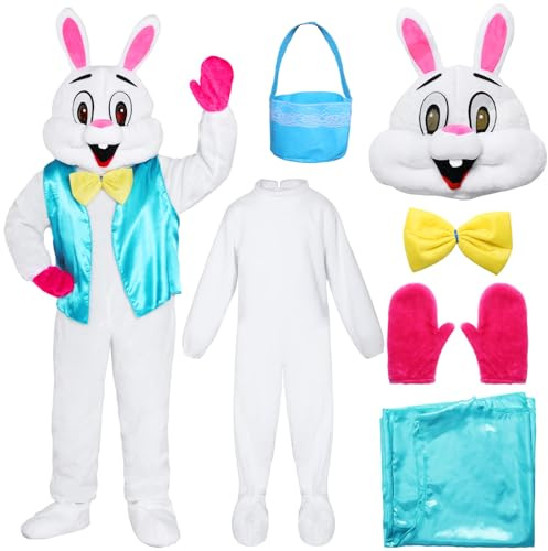 Apparlxer Osterhasen Kostüm Set,Maskottchen Kostüm Erwachsene Plüsch Hasenkostüm,Osterkostüm mit Osterkörbchen Hasenkopf Fliege Mantel Handschuhe Plüschoverall,Hasen Kostüm für Ostern