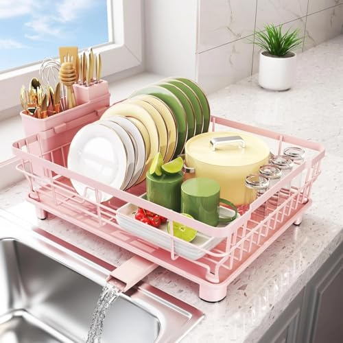 Felenny Dish Rack for Kitchen Counter, Dish Drying Rack for Kitchen Large Capacity Dish Drainer Organizer with Drainboard and Utensil Holder (Pink, Small)