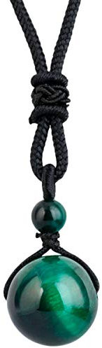 mookaitedecor Natural Green Tiger's Eye Healing Crystal Bead Pendant Necklace for Men Women, Round Stone Necklace Reiki Chakra Crystal Jewellery Gift Semi Precious Stone Necklace with Black Cord