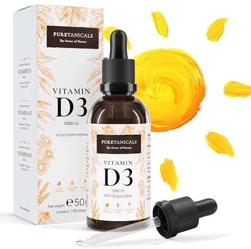 Puretanicals Vitamin D3 1000 IE pro Tropfen hochdosiert (50ml) - Langzeitvorrat mit 1700 Tropfen - in MCT-Öl aus Kokos, Cholecalciferol flüssig, ohne Zusätze hergestellt