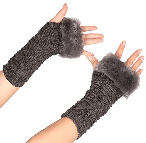 MoreChioce Kunstfell Armstulpen,Damen Winter Wärm Handschuhe Kunstpelz Handwärmer Manschetten Gestrickte Stulpen Handstulpen Armmanschette,Dunkel Grau