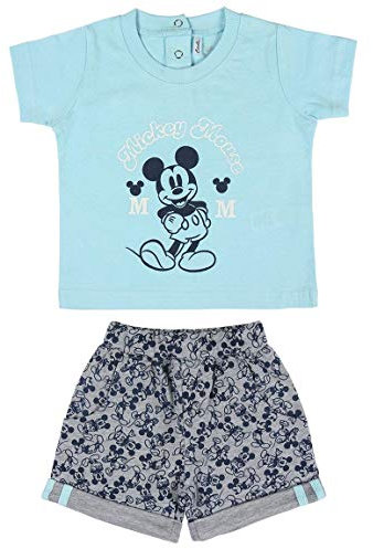 Cerdá Conjunto Ropa Bebe Niño Disney Mickey Mouse-Camiseta + Pantalon de Algodón-Color Azul, 6 Meses para Bebés