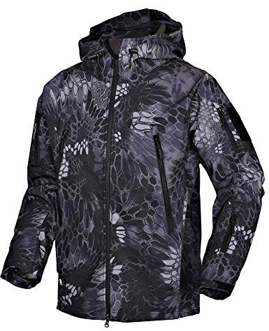 MakingDa wasserdichte Herren-Jacke, lässiger Kapuzenmantel, gefüttert mit Softshell-Fleece, Laufjacke, Jacke im Camouflage-Look, für Arbeit, Angeln, Jagd, Klettern, Schwarz-Camo, XXL