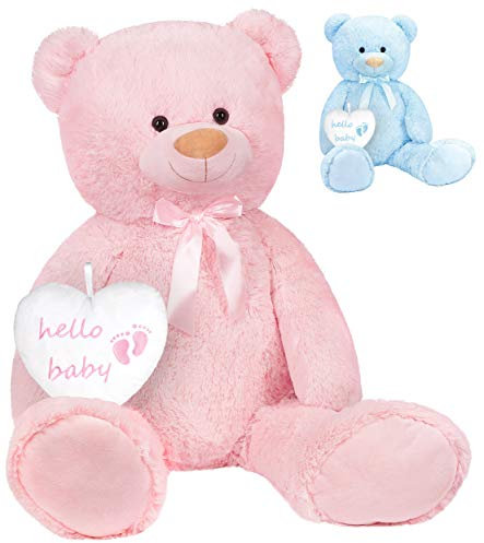 BRUBAKER Orsetto di peluche con cuore, Hello Baby, 100 cm, regalo per feste per neonati, colore rosa chiaro