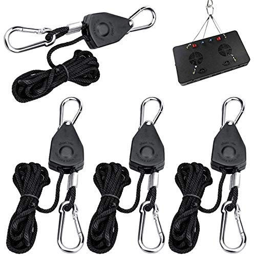 TDDL 4Pcs Heavy Duty Ratchet Ropes 1/8 inch Adjustable Grow Light Rope Hangers Ratchet with Carabiner Hook Clip for Grow Room Equipment,Flowers, Plants 6-ft Long & 150lbs Weight Capacity