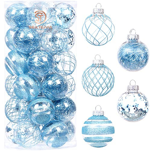 Sea Team 60 mm/2,36 Zoll bruchsicherer, durchsichtiger Kunststoff-Weihnachtskugel-Ornament-Set mit Glitzermalerei, transparent, durchsichtig, Kristallkugeln, Weihnachtsbaumschmuck (30 Stück)