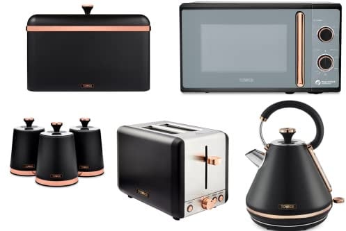 Tower Cavaletto Black & Rose Gold Kitchen Set of 7 Including Pyramid Kettle, 2 Slice Toaster, Microwave, Bread Bin & 3 Tea, Coffee & Sugar Canisters. Contemporary Matching Kitchen Set