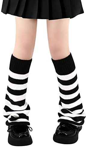 Leg Warmers for Women Girls Japanese Style Lolita Leg Warmer Long Kawaii Knit Socks Gothic Harajuku Leg Cover Stockings, D Flared Black/White Stripes, One Size