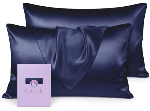 OLESILK 100% Seide Kissenbezug Kissenhülle Haar- und Hautpflege mit Verstcktem Reißverschluss 19 Momme 2 Stücke Marineblau 50x70cm