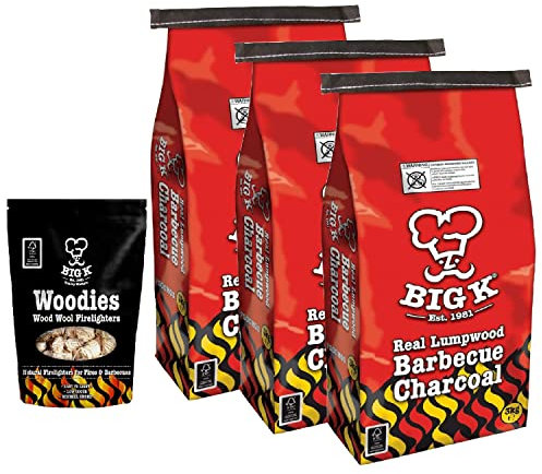Big K Barbecue Grill Charcoal Bulk - Pack of 3 x 3kg Real Lumpwood Charcoal Bags & Woodies Wood Wool Firelighters 300g with Topline Card for Outdoor Barbeque, Fire Pit, Camping BBQs.