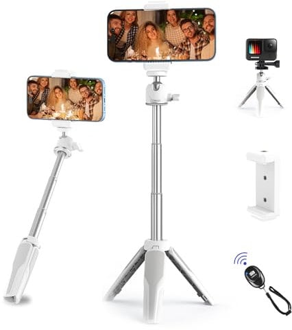 COMAN Extension Pole Tripod,Mini Selfie Stick Tripod Stand with Wireless Remote and Phone Holder,Compatible with iPhone & Android,Mini Vlog Camera Travel Tripod (White)
