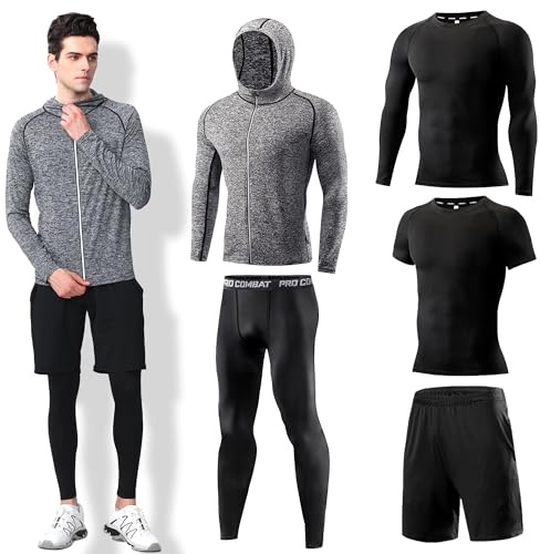 DMVOD Herren Sport Fitness Set 5 Stück Kompressionsshirt Langarmshirt Sporthose Leggings Laufshirt Funktionswäsche Atmungsaktiv Schnelltrocknend Trainingsanzug für Running Gym Outdoor