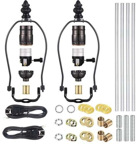 2 Sets Make-up-Lampen-Kits – Tischreparatur- oder DIY-Verdrahtungssets mit 20,3 cm Harfe, 30,5 cm Rohr, 3-Wege-Buchse, 2,4 m Kabel und allen Hardwareteilen für die Erstellung antiker Lampen-Designs