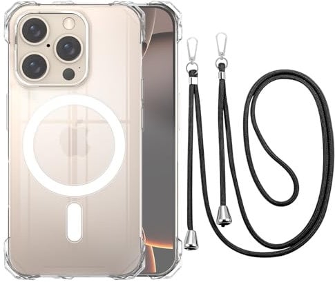 CAROKI Crossbody Lanyard Case for iPhone 16 Pro, Ultra Clear Hard Back Magnetic Case Compatible with MagSafe Bumper with Strap Adjustable Neck Cord Necklace Cover for iPhone 16 Pro-Clear