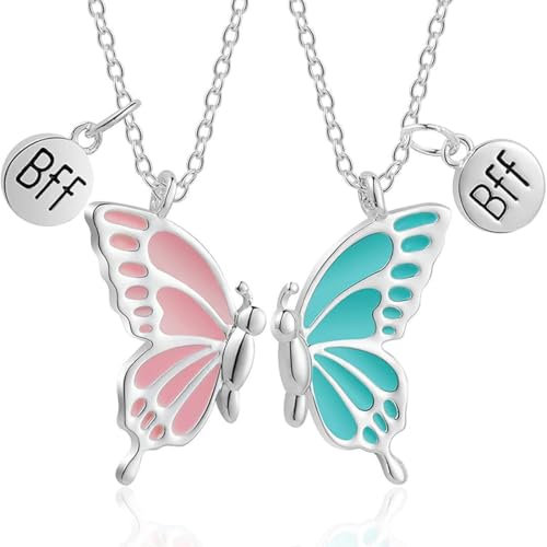 XENQITO 2 Pcs Kette mit Anhänger, Mädchen Ketten, Freundschaftsketten, Freundschafts-Schmetterlings-BFF-Halsketten, beste Freundschaftsketten für Mädchen, Geburtstagsschmuck, Geschenke für Freundinnen