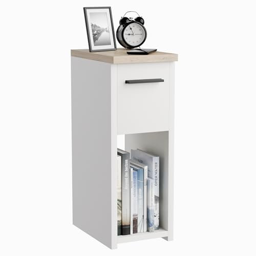 ComfortCove Nachttisch, Nachtschrank, Nachtkästchen, schmaler Nachttisch, schlanker Beistelltisch mit Ablagefach und Griff, Weiß/Eiche. Größe: B20 x H55 x T30,5 cm