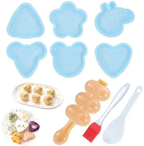 GCRQ Onigiri Mold, 9 Pcs Triangle Rice Ball Mold Sushi Maker Kit Musubi Press with Rice Paddle and Brush for Lunch Bento and Beginners(Blue)