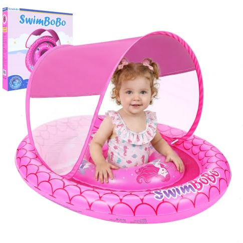 Coikes Salvagente Neonato con Tettuccio Parasole Doppio Airbag Anello Salvagente per bambini Gonfiabile per Piscina con pompa e sedile per Bambino Neonati 6-24 Mesi (Rosa)