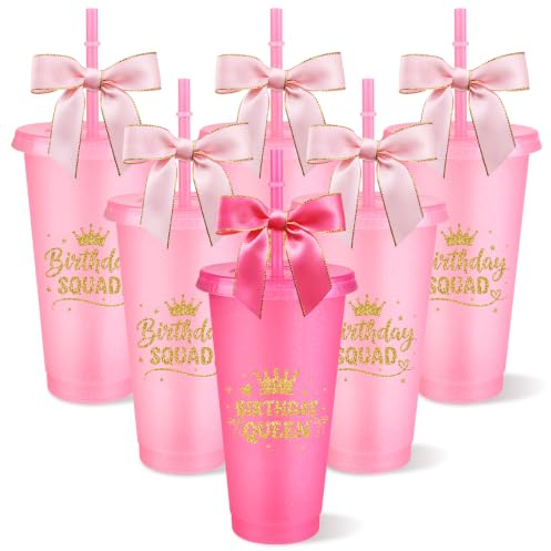 CNSJ 6 Pcs Birthday Party Queen & Squad Cups with Lid Reusable Straw, 24oz