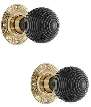 LYRA Pair of Traditional Design Ebony Wood Beehive Rim Door Knobs Set 55mm Polished Brass Rose Wooden Handles – Perfect for Interior & Exterior Doors  Use
