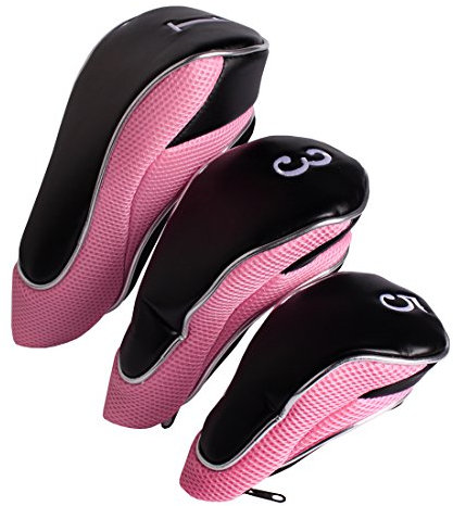 Andux Golf 460cc Driver Fairway Wood Club Head Covers with Zipper Closure Set of 3 Pink
