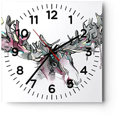 Modern Wanduhr Moose Bunt Kopf Abbildung 30x30cm Quadrat Klein Wand Uhr Glas Analog Zimmeruhren Küche Büro Wohnzimmer Glasuhr Wall Clock Dekoration Design Wanddekoration Küchenuhr C4AC30x30-3033
