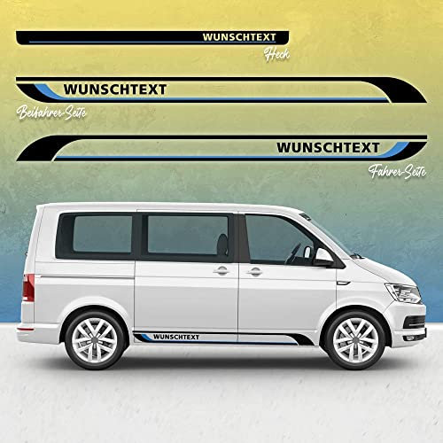 Auto-Dress Seitenstreifen Aufkleber Set/Dekor passend für Volks-Wagen T5 & T6 Bus - Motiv: WUNSCHTEXT (Farbwunsch, Kurzer Radstand)