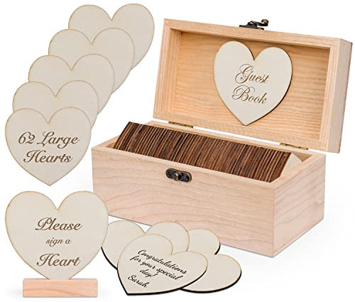 Jecor Alternative Gästebuch Box – Hochzeitsgästebuch Alternative – 62 große Holzherzen – auch für Babyparty, Brautparty, Jubiläum, Geburtstag, Ruhestand, Beerdigung